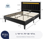 Allewie Full Size LED Bed Frame with Charging Station, Velvet Upholstered Platform Bed with Geometric Wingback Headboard, Modern Frame with No Box Spring Needed, Easy Assembly, Black