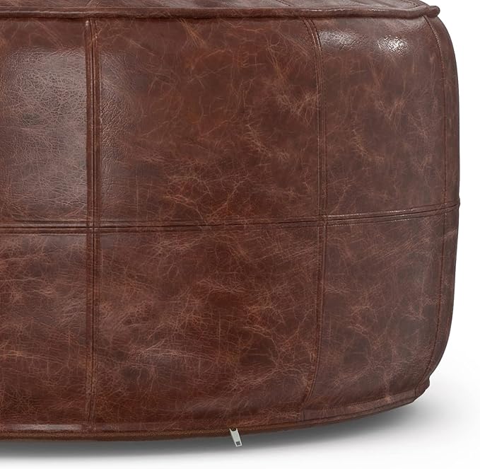 SIMPLIHOME Connor Boho Round 34 inch Round Coffee Table Pouf in Distressed Brown Genuine Leather for the Living Room, Bedroom and Kids Room
