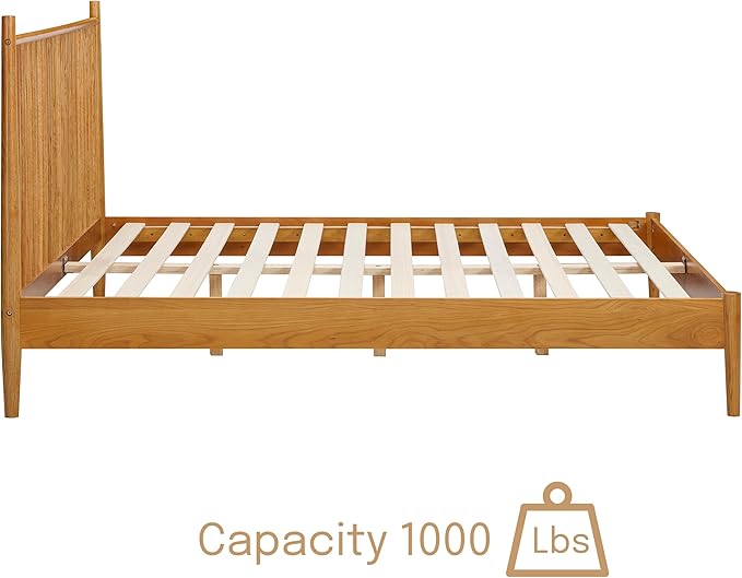 NTC Inno Wooden Bed Frame with Headboard, Solid Oak and Rubber Wood Foundation with Silent Slats and Wood Central Supports, 1000 Lb Capacity, Effortless Assembly, Queen Rustic - Oak