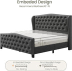 LARMACE Queen Size Bed Frame Velvet Upholstered Platform Bed with Wingback Headboard & Footbaord, Deep Button Tufted Bed Frame with Wood Slats Support, No Box Spring Needed, Grey