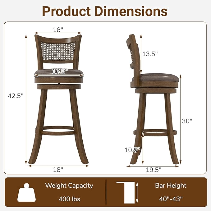COSTWAY 30” Swivel Bar Height Barstool Set of 2, Rubber Wood Bar Stools with Rattan Backrest, Footrest, Upholstered Leathaire Armless Chairs for Kitchen Island, Pub, Brown (4, 30” Seat Height)