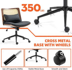 Armless Rattan Office Desk Chair with Wheels, PU Leather Modern Wide Swivel Task Chair, Ergonomic Criss Cross Legged Chair for Meeting Room, Home Office, Black