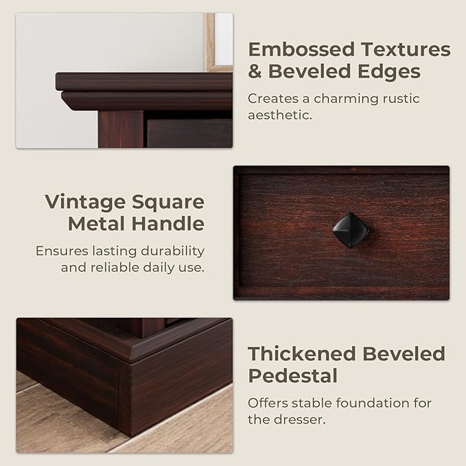Farmhouse 8 Drawer Dresser for Bedroom, 54" Wide Wood Dresser with Natural Texture, Vintage Metal Double Hand Knobs, Rustic Chest of Drawers for Bedroom, Living Room, Hallway, Cherry
