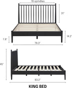 NTC Inno Wooden Bed Frame with Headboard, Solid Oak and Rubber Wood Foundation with Silent Slats and Wood Central Supports, 1000 Lb Capacity, Effortless Assembly, King - Burnt Black