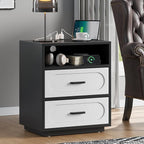 Nightstands Set of 2 with Charging Station, 25.8" Tall Wide Bedside Table with 2 Storage Drawers & Open Shelf, Mid Century Modern Wood End Table for Bedroom, Living Room, Black/White