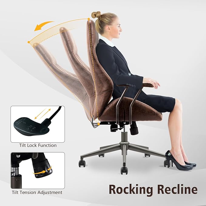ovios Home Office Ergonomic Chair, Mid-Century Modern Luxury Faux Suede Leather Chairs, Comfy High Back Computer Swivel Rolling Task Armchair for Executive, Dark Brown