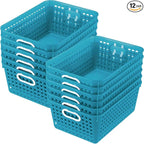 Really Good Stuff Multi-Purpose Plastic Storage Baskets for Classroom or Home Use - Stackable Mesh Plastic Baskets with Grip Handles 13" x 10" (Neon Blue - Set of 12)