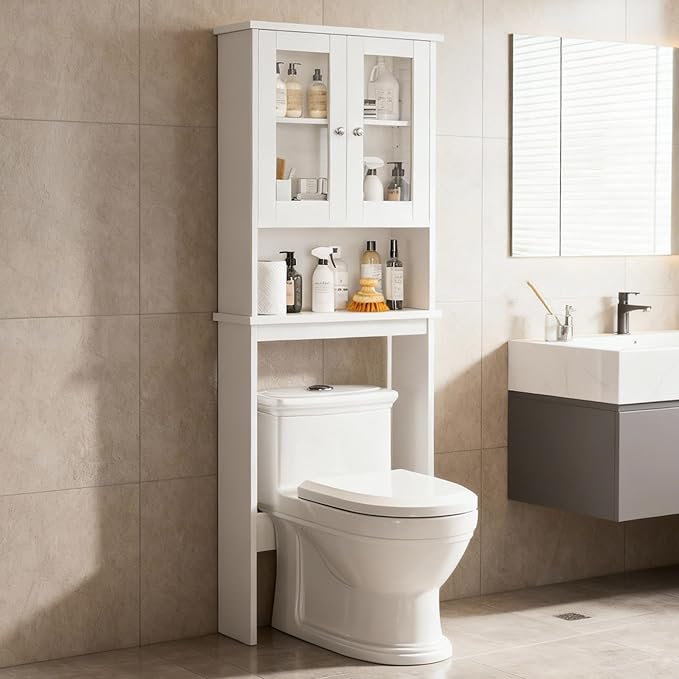 Meilocar Over The Toilet Storage Cabinet, Bathroom Storage Cabinet Over Toilet, Space Saver W/Adjustable Shelf & Open Shelf, White