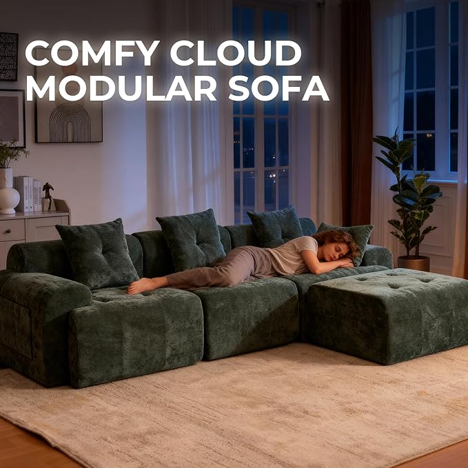 129.23”Modular Sectional Couch for Living Room, Modren L-Shape Cloud Sectional 4-Seater Sofa with Movable Ottoman, Woven Texture Upholstery Boneless Couch, No Assembly, Green