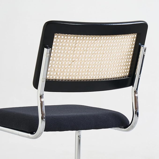 Black Chrome Rattan Dining Chairs Set of 2, Wooden Mid-Century Modern Kitchen Chairs, Mesh Back Cane Dining Room Chairs, Cesca Design Chair with Metal Chrome Legs