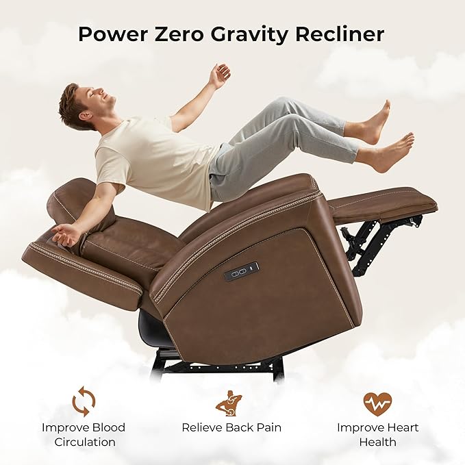 CHITA Genuine Leather Power Recliner Chair for Adults, Super Zero Gravity Recliner with Adjustable Power Headrest & USB/Type-C Ports, for Living Room, Bedroom & Home Theater, Cafe Brown
