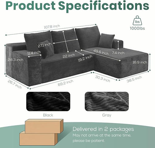 107" Boneless Couches for Living Room, Modular Cloud Sectional Couches L Shaped Sofa with Oversized Chaise Comfy Corduroy Home Sofa (Grey, Right Facing Chaise)