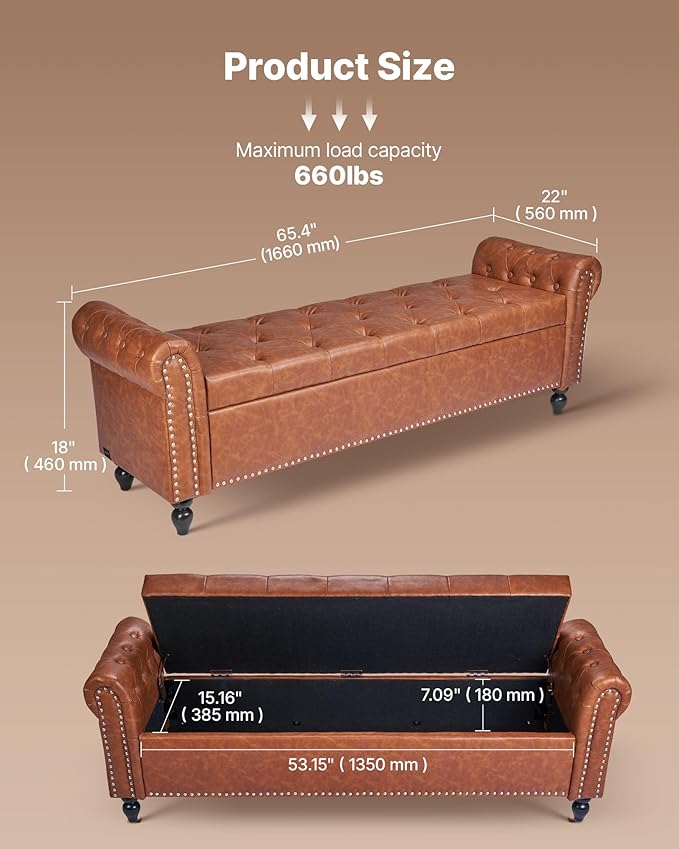 VEVOR Button-Tufted Storage Ottoman Bench, Rolled Arm PU Leather Bench with Solid Wood Legs, Modern Shoe Benches Seat for Entryway, Upholstered End of Bed Benches for Living Room, Dining Room, Brown