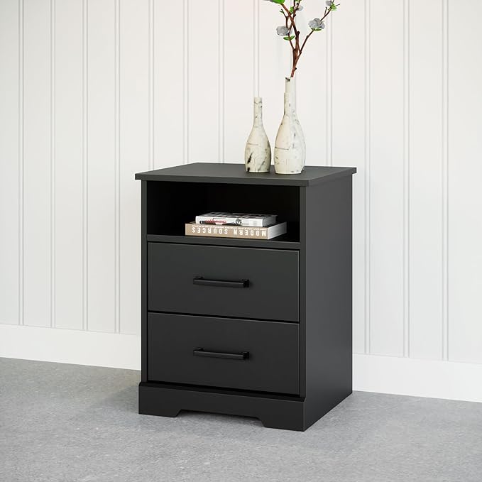 Prepac Rustic Ridge Farmhouse Nightstand Bedside Table, Black Nightstand for Bedroom, End Table with 2 Drawers and Open Shelf 16.25"D x 18.75"W x 24.5"H