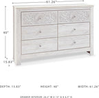 Signature Design by Ashley Paxberry Boho 6 Drawer Dresser, Smooth-gliding Faux Laminate Lined Drawers, Wood, 61.26" W x 15.83" D x 40" H, Whitewash