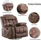 CANMOV Massage Rocker Recliner with Heat and Vibration, 360 Degree Swivel Manual Antiskid Fabric Single Sofa Heavy Duty Reclining Chair for Living Room, Dark Brown