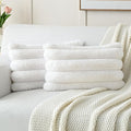 FUTEI Cream White Decorative Throw Pillow Covers 12x20 Inch Set of 2, Square Soft Faux Rabbit Fur Thick Striped Lumbar Pillow Case,Winter Home Decor for Couch Bed Living Room