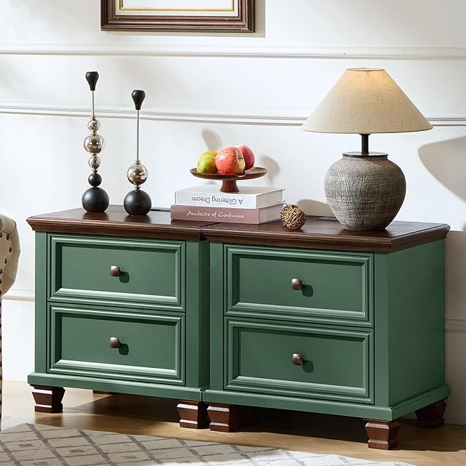 Farmhouse Nightstand Set of 2 for Bedroom, Mid-Century Low Nightstands with 2 Drawers & Charging Station, Vintage Night Stands with 4 Square Solid Wood Legs, Small Dresser for Home, Green