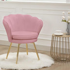 Velvet Vanity Chair with Back, Mid-Century Modern Small Accent Chair for Living Room, Golden Metal Legs Upholstered Makeup Chair, 1Pcs Bedroom Armchair, Pink