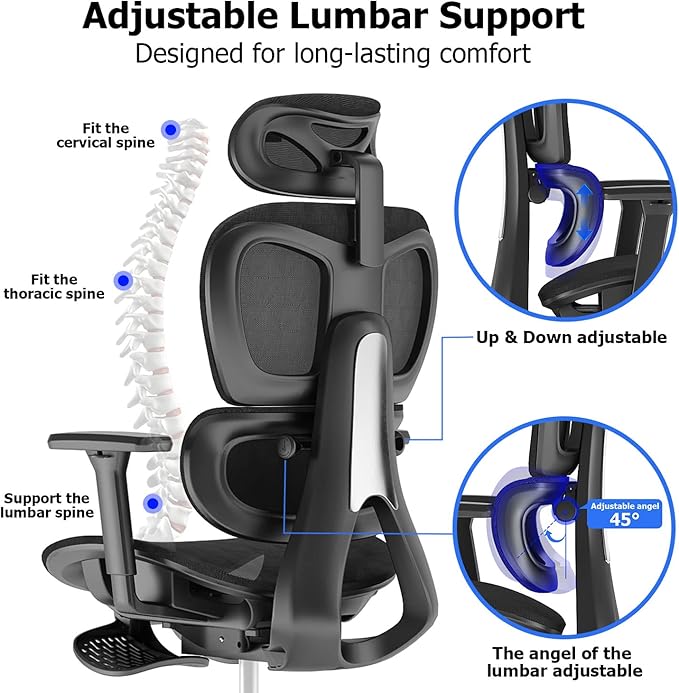 PatioMage Ergonomic Office Chair, Big and Tall Desk Chair with Adjustable Lumbar Support & Seat Depth, High Back Computer Chair, Swivel Mesh Chairs with Wheels for Home Office, Black
