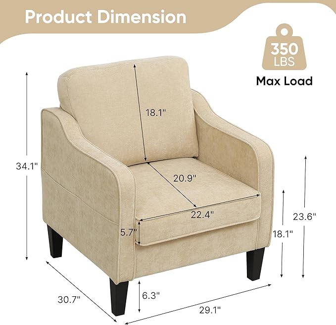Accent Chairs Set of 2, Upholstered Living Room Chairs with Side Pocket, Mid Century Modern Reading Chair for Bedroom, Comfy Armchair Single Sofa Side Chair for Office, Small Room, Light Brown
