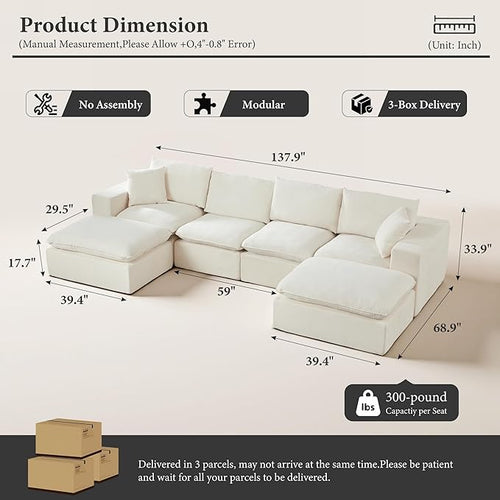 108" Sectional Couches for Living Room Boneless Couch Upholstered Cloud Couch Sectional Modular Sectional Sofa with L Shaped (Chenille-White, 4 Seat+2 Ottoman)