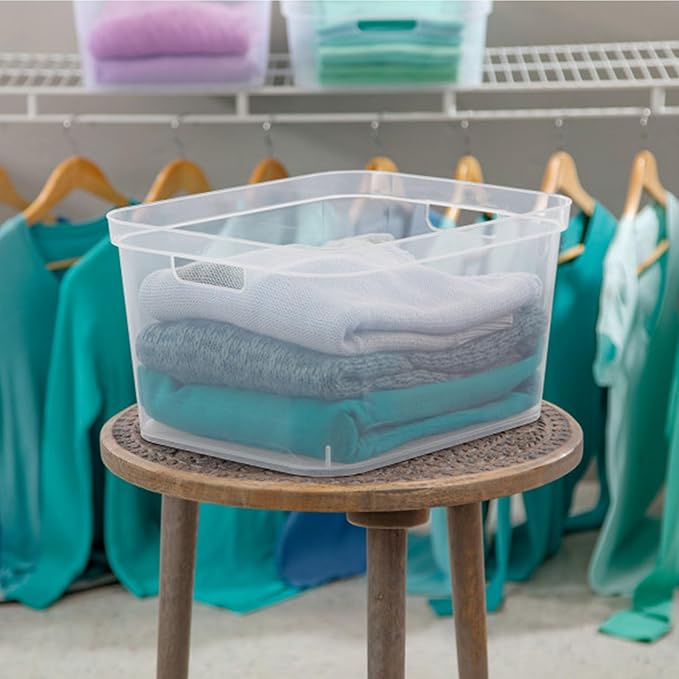 Sterilite 8.25x12.25x15 Inch Modern Polished Storage Bin w/Comfortable Carry Through Handles & Banded Rim for Household Organization, Clear (12 Pack)