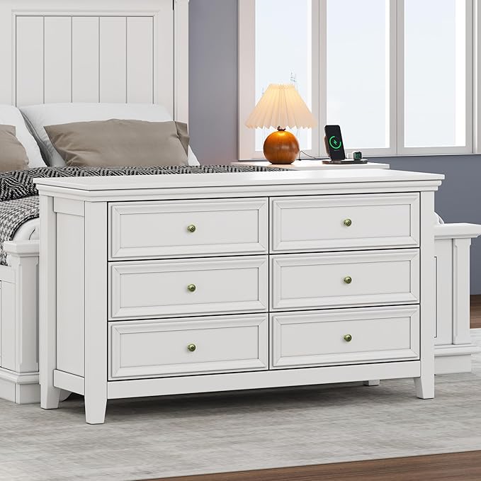 White Dresser for Bedroom 6 Drawers Dresser - 47.2" Wide 6 Chest of Drawers Storage Double Cabinet as Bedfoot Organizer & Wardrobe Cabinet