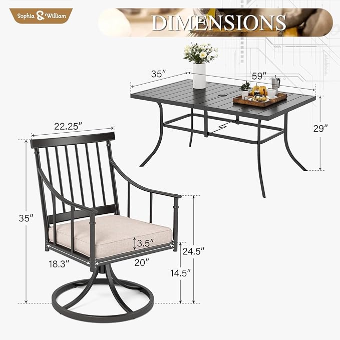Sophia & William 7 Pcs Patio Furniture Set, Metal Patio Outdoor Dining Set for 6 People, Rectangular Patio Table and Swivel Chairs, Conversation Bistro Set with 1.9?Umbrella Hole & Seat Cushions