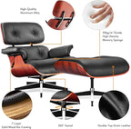 Top Black Grain Leather, Mid Century Chaise Lounge Chair and Ottoman, Modern Chair Classic Design, Heavy Duty Base Support for Living Room Study Lounge Office, Darkrosewood, Heightening