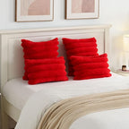 FUTEI Christmas Red Decorative Throw Pillow Covers 24x24 Inch Set of 2, Square Soft Faux Rabbit Fur Thick Striped European Cushion Covers,Winter Home Decor for Couch Bed Living Room
