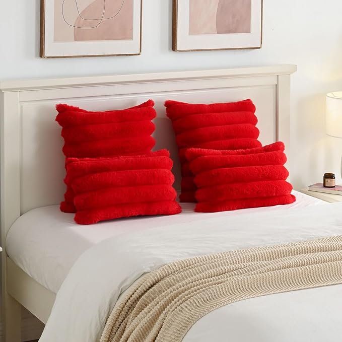 FUTEI Christmas Red Decorative Throw Pillow Covers 16x16 Inch Set of 2, Square Soft Faux Rabbit Fur Thick Striped Cushion Cover,Winter Home Decor for Couch Bed Living Room