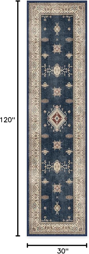 RUGGABLE Washable Vintage Runner Rug – Verena Sapphire 2.5x10, Stain-Resistant, Non-Slip Hallway Runner – Machine Washable Rug for Hallway, Entryway, Living Room & Kitchen–with Standard Pad