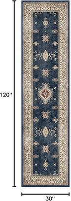 RUGGABLE Washable Vintage Runner Rug – Verena Sapphire 2.5x10, Stain-Resistant, Non-Slip Hallway Runner – Machine Washable Rug for Hallway, Entryway, Living Room & Kitchen–with Standard Pad