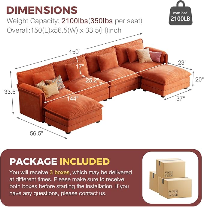ELUCHANG 153" U Shaped Modular Sectional Cloud Couch with Pillow, Deep Seat Sofa Couches for Living Room, 6-Seat Modern Sofa with Movable Ottoman, Chenille Terracotta