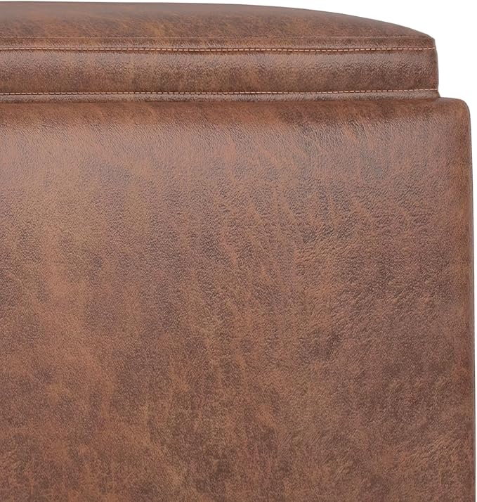 SIMPLIHOME Natasha 18 inch Wide Contemporary Square Mid Century Storage Ottoman with Tray in Distressed Saddle Brown Vegan Faux Leather, Assembled, For the Living Room, Entryway and Family Room