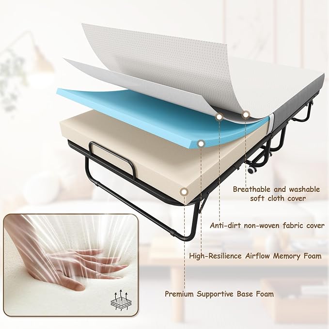75" x 38" Folding Beds with Mattress for Adults, Portable Foldable Twin Bed with Memory Foam Mattress & Super Strong Frame, Convenient Roll Away Guest Bed for Storage