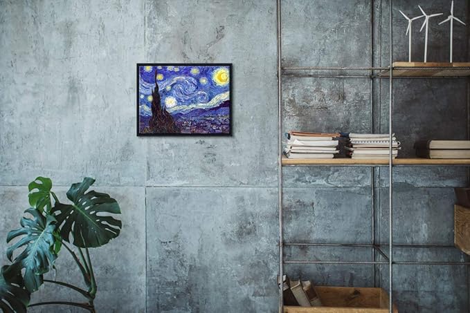 Wieco Art Framed Art Canvas Prints of Starry Night by Vincent Van Gogh Paintings Reproduction Post-Impressionism Artwork Framed Wall Art for Living Room Wall Decor Home Decorations Black