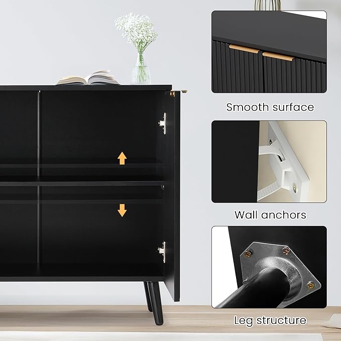 Fluted Black Storage Cabinet with Doors, Wood Sideboard Buffet Cabinet with Adjustable Shelf, Modern Accent Table for Living Room, Entryway