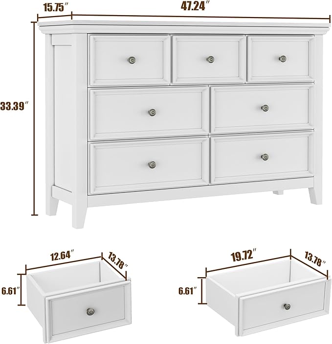 White Dresser for Bedroom, 7 Drawers Dresser, Closet Cabinet with 7 Storage Drawers for Home Office, Study Room