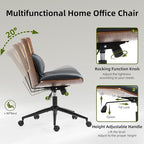 Rattan Office Chair, Criss Cross Legged Office Desk Chairs with Wheels, PU Leather Adjustable Swivel Walnut Task Chair with Wide Seat, Ergonomic Mid Back Computer Chair for Meeting Room, Home