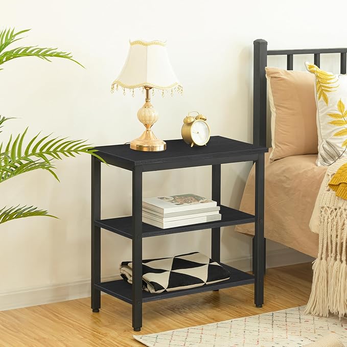HOOBRO End Table, Simple Rustic Side Table with 3-Tier Storage Shelf, Narrow Nightstand for Small Spaces, Easy Assembly, for Living Room, Bedroom, Metal, Industrial Design, Black BB14BZ01