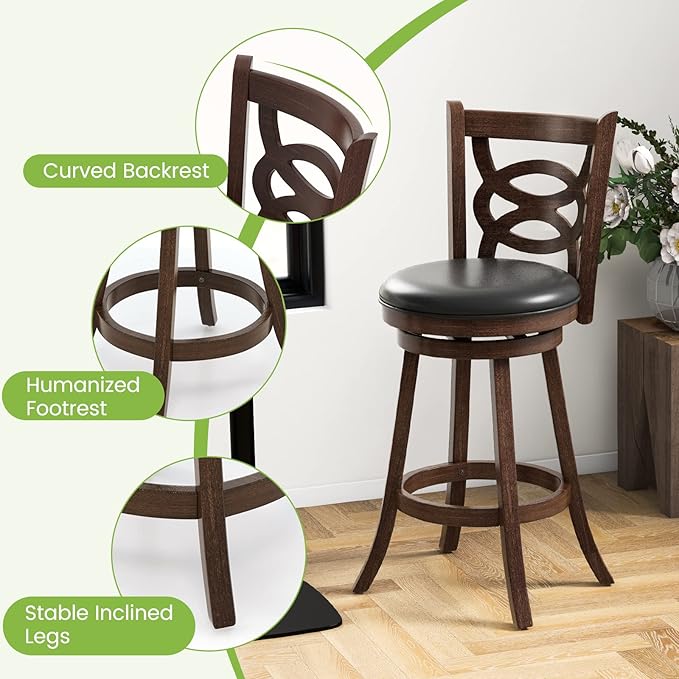 ERGOMASTER Swivel Bar-Stools Set of 2 Counter Height Barstool 29 Inch Seat Bar Chair Rubberwood Frame Brown for Rustic & Classic