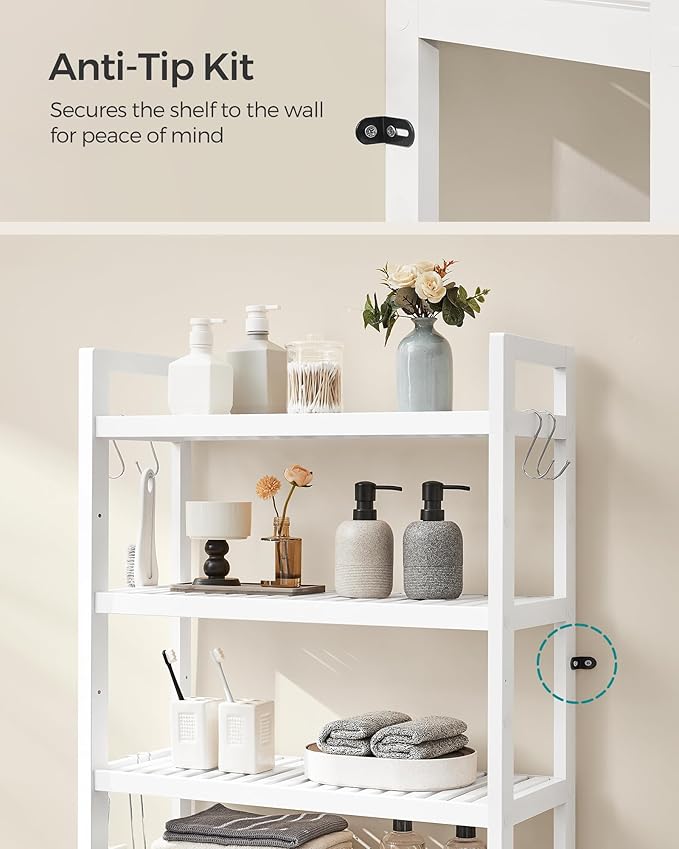 SONGMICS Over The Toilet Storage, 4-Tier Over Toilet Bathroom Organizer with Adjustable Shelves, 10.2 x 24.8 x 72.8 Inches, Space-Saving, Cloud White UBTS041W01