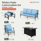 Patio Furniture Set, 6 Pcs Metal Outdoor Conversation Set, 2 Single Chairs, 2 Ottomans and 3 Seater Sofa with 5.75" Extra Thick Cushion and Gas Fire Pit Table, Blue