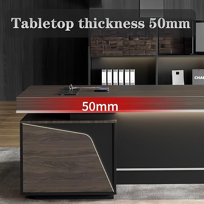Large Executive Desk, Modern L-Shaped Computer Desk with Side Cabinets, Drawers and Password Lock, CEO Business Furniture Desk (Chair Not Included)(63x29.5x94.48inch)
