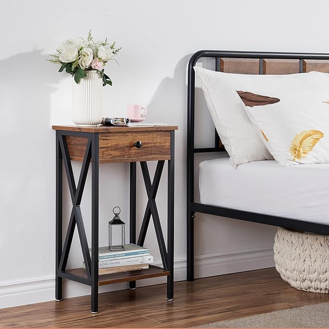 VECELO Tall Nightstand,27.6 inch Wooden End Table with Metal X-Frame,Side Table with Drawer and Storage Shelf for Living Room Bedroom Entryway Small Spaces