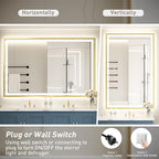 55X36 Inch Led Bathroom Mirror,Frontlit and Backlit Lighted Mirror,Gold Metal Frame Vanity Mirror for Wall,Double Lights Strips,Anti Fog Stepless 3 Colors Temperature & Dimmable