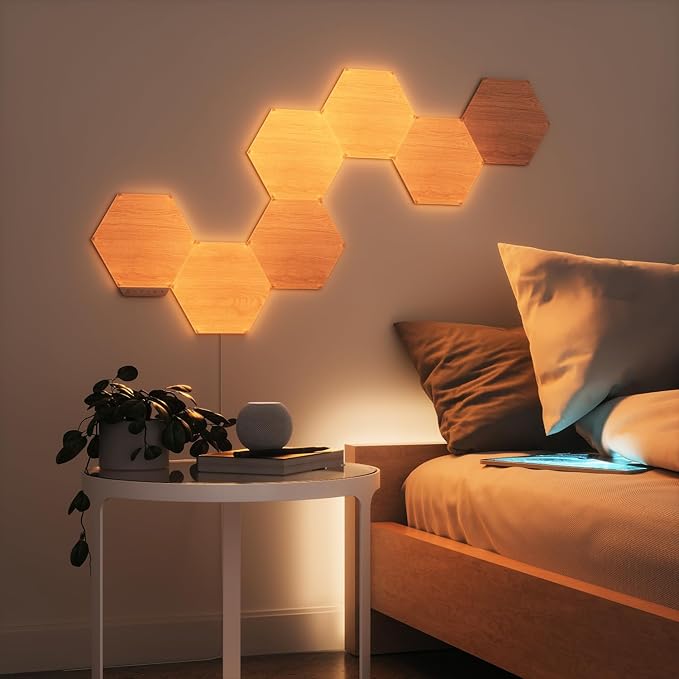 Nanoleaf Elements Wood Look Smart Wall Lights, Hexagon LED Wall Lights Work with Alexa Google Assistant, Home Wall Decor for Living Room with Music Sync, Ambient White 1500-4000K, Expansion 3 Panel