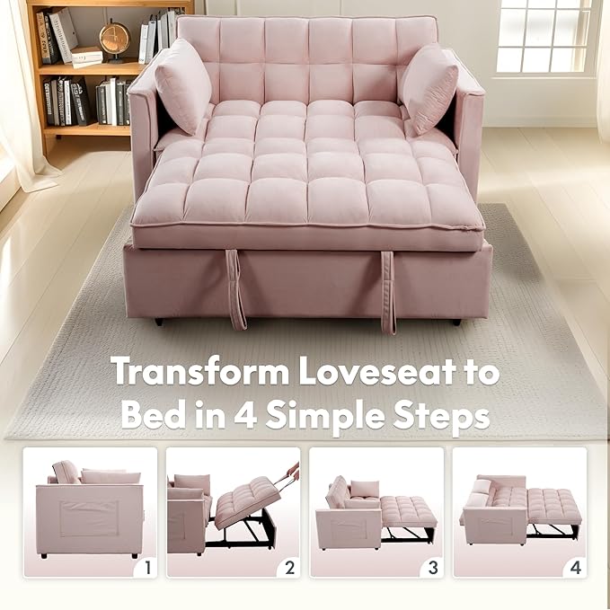 FLEXISPOT XCT4 Pull Out Couch for Small Spaces, 3-in-1 Convertible Loveseat Sofa Bed with Adjustable Backrest, Compact Futon Sofa Bed Twin Sleeper Loveseat for Apartment Dorm RV Guest Room,Pink